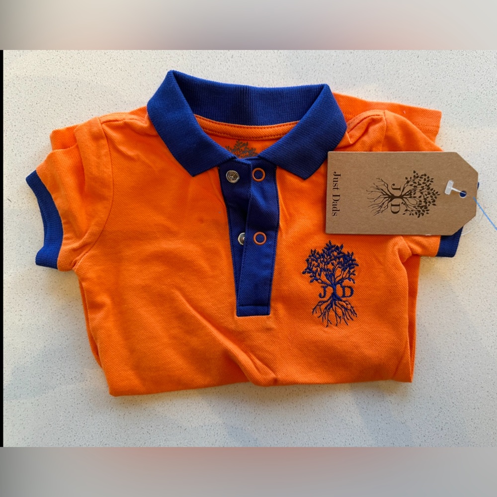Just Dads onesy 6-9 months, orange with blue trim nwt